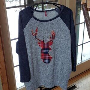 Bellamie Red Plaid Deer Long Sleeve Raglan Pocketed Sz XL Top